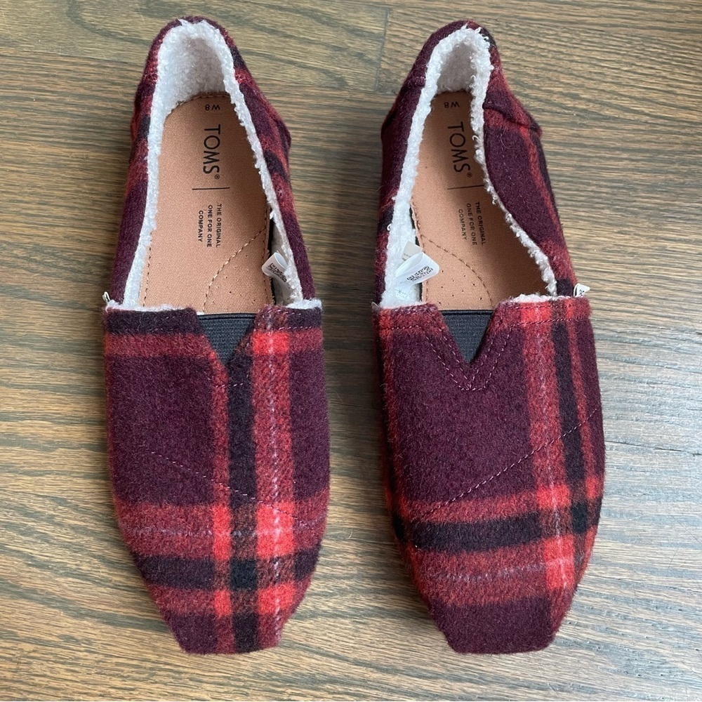 New TOMS Alpargata Slip On Flats Plaid Wool Blend size